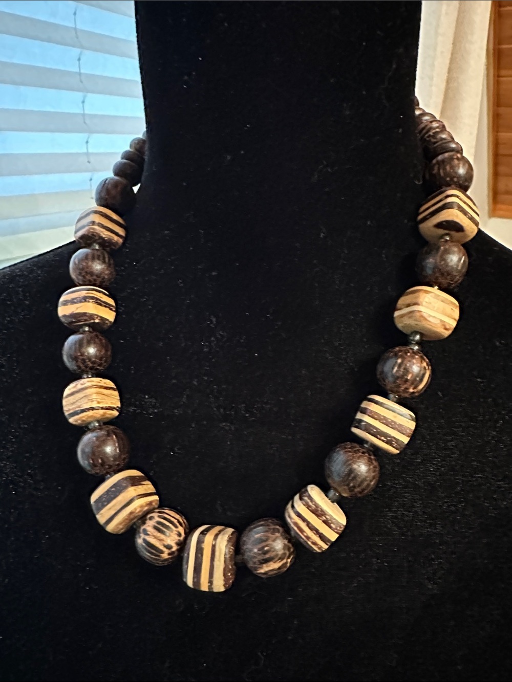 Bohemian Handcrafted Brown and Cream Wooden Bead Necklace